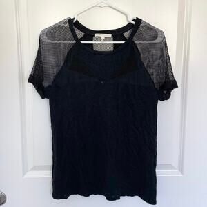 Maje Net Detail Linen Short Sleeve Shirt Black 2 Medium